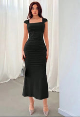 SOLID COLOR SIMPLE DAILY SQUARE NECKLINE DRESS