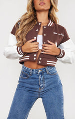 CROPPED BASEBALL BOMBER JACKET- CHOCOLATE