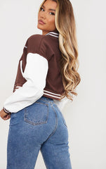 CROPPED BASEBALL BOMBER JACKET- CHOCOLATE