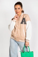 BEIGE VARSITY BASEBALL UNISEX JACKET