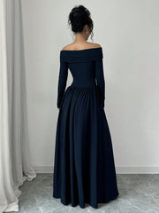 Rafferiza Off-Shoulder Long Sleeve Twist Front A-Line Pocket Maxi Elegant Dress