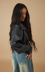 BLACK BASIC RUCHED HEM CROPPED FAUX LEATHER JACKET