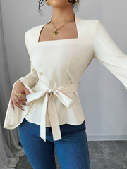 CASUAL SQUARE NECK FLARED CUFF WOMEN BLOUSE