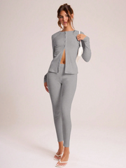 RIBBED BUTTON THROUGH LONG SLEEVE CREW NECK TOP & LEGGING SET