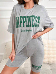 Letter Print Round Neck Top and Shorts Lounge PJ Set