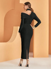 ASYMMETRICAL NECK RUCHED DETAIL SPLIT DRESS