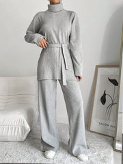 COTTNLINE SOLID COLOR HIGH NECK LEISURE KNITTED SWEATER 2PCS/SET