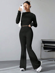 WOMEN'S PLEATED SLIM FIT TOP AND FLARED PANTS