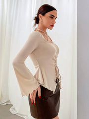 CRISSCROSS DRAWSTRING HALTER NECK TIE TOP