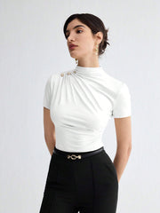 WOMEN'S SOLID COLOR PLEATED ELEGANT SHORT SLEEVE TOP