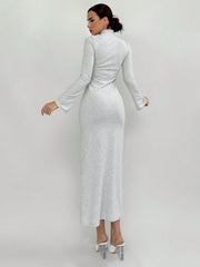 WOMEN'S HOLLOW-OUT FITTED RIB-KNIT LONG SLEEVE DRESS