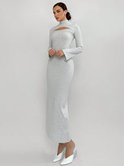 WOMEN'S HOLLOW-OUT FITTED RIB-KNIT LONG SLEEVE DRESS