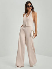 LADIES V-NECK BACKLESS SLEEVELESS TOP + WIDE-LEG PANTS
