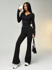 WOMEN'S SOLID COLOR ZIP-UP DRAWSTRING HOODED SHIRT AND FLARED PANTS SET