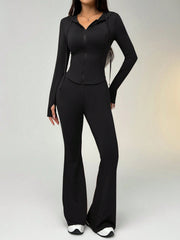 WOMEN'S SOLID COLOR ZIP-UP DRAWSTRING HOODED SHIRT AND FLARED PANTS SET