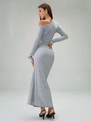 ASYMMETRIC COLLAR LONG SLEEVE CROPPED TOP AND PLEATED LONG SKIRT