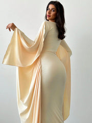 BOAT NECK LONG SLEEVE WAVY DRAPE DRESS