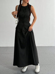 CASUAL FRONT BUTTON TANK TOP AND SOLID COLOR A-LINE SKIRT