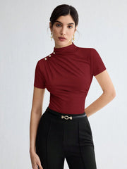 WOMEN'S SOLID COLOR PLEATED ELEGANT SHORT SLEEVE TOP