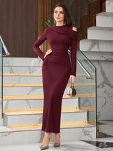 ASYMMETRICAL ONE SHOULDER RUCHED WAIST LONG SLEEVE DRESS