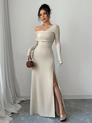 WOMEN'S RUFFLE WAIST ONE-SHOULDER LONG SLEEVE SLIT BODYCON