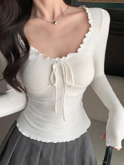 ROUND NECK LONG SLEEVE BOWKNOT DETAIL PLEATED SLIM FIT TOP