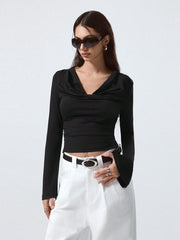 DRAPED NECK SOLID COLOR LONG SLEEVE TOP