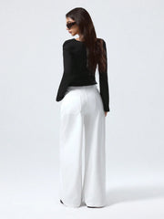 DRAPED NECK SOLID COLOR LONG SLEEVE TOP