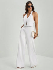 LADIES V-NECK BACKLESS SLEEVELESS TOP + WIDE-LEG PANTS