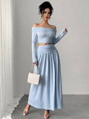 OFF-SHOULDER TOP AND HIGH-WAIST PLEATED SKIRT SET