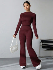 WOMEN'S PLEATED SLIM FIT TOP AND FLARED PANTS