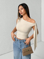 WOMEN'S SOLID COLOR MINIMALIST OBLIQUE COLLAR TIED BLOUSE