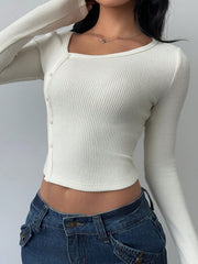CASUAL SOLID COLOR KNIT LONG SLEEVE FITTED TOP