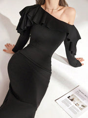 ASYMMETRICAL SHOULDER RUFFLE TRIM WAIST CINCHED WAIST MIDI DRESS