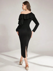 ASYMMETRICAL SHOULDER RUFFLE TRIM WAIST CINCHED WAIST MIDI DRESS