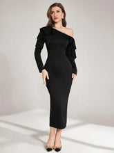 ASYMMETRICAL SHOULDER RUFFLE TRIM WAIST CINCHED WAIST MIDI DRESS