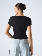 BUTTON HALF-PLACKET SHORT-SLEEVED SLIM-FIT CROP TOP