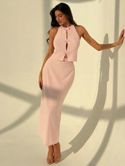 SOLID COLOR SLEEVELESS VEST & SKIRT SET