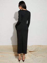 WOMEN SINGLE BREASTED LONG SLEEVE TOP AND PLEATED MINI SKIRT