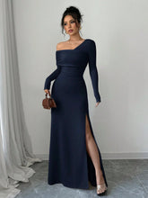 WOMEN'S RUFFLE WAIST ONE-SHOULDER LONG SLEEVE SLIT BODYCON