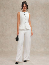 WOMEN'S SOLID WHITE BUTTON-FRONT SLEEVELESS CASUAL TOP AND PANTS SET
