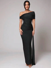 WOMEN'S PLEATED ASYMMETRIC DRAPED LONG DRESS