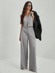LADIES V-NECK BACKLESS SLEEVELESS TOP + WIDE-LEG PANTS