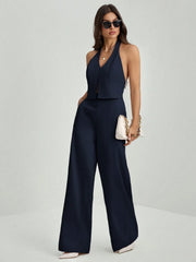 LADIES V-NECK BACKLESS SLEEVELESS TOP + WIDE-LEG PANTS