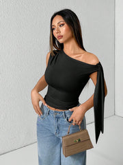 WOMEN'S SOLID COLOR MINIMALIST OBLIQUE COLLAR TIED BLOUSE