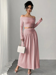 OFF-SHOULDER TOP AND HIGH-WAIST PLEATED SKIRT SET