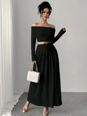 OFF-SHOULDER TOP AND HIGH-WAIST PLEATED SKIRT SET