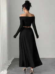 OFF-SHOULDER TOP AND HIGH-WAIST PLEATED SKIRT SET