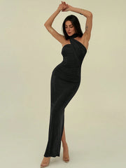 ONE SHOULDER RUFFLE DESIGN SLIM FIT PLEATED SPARKLY DRESS