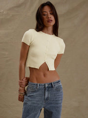 CREW NECK BUTTON THROUGH CROPPED SHORT SLEEVE FITTED TOP